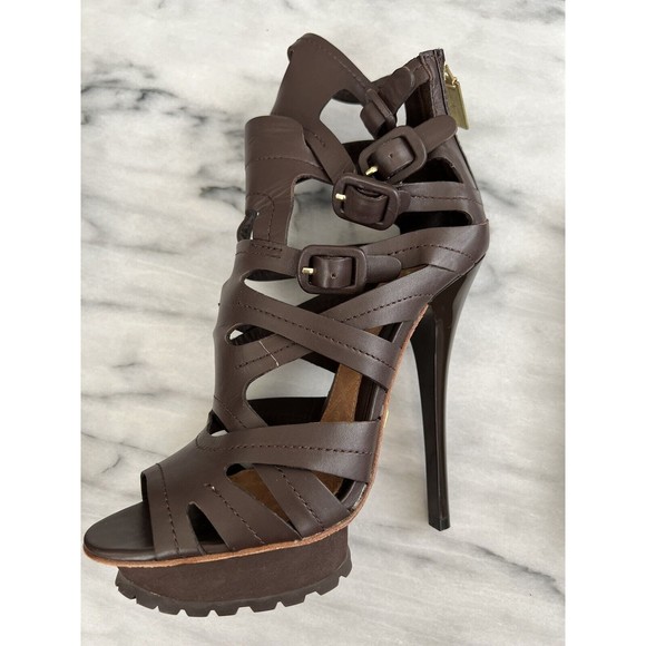 L.A.M.B. by Gwen Stefani Zan Sandals size 8.5 Dark Brown Buckle Back Zip Entry - Picture 4 of 9